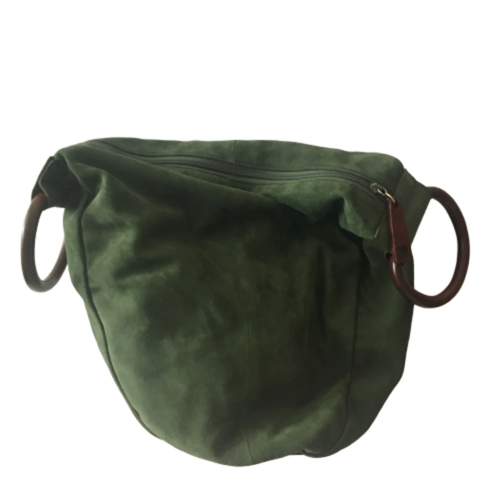 NWOT KENNETH COLE Dark Green Suede + Wood Hobo Bag